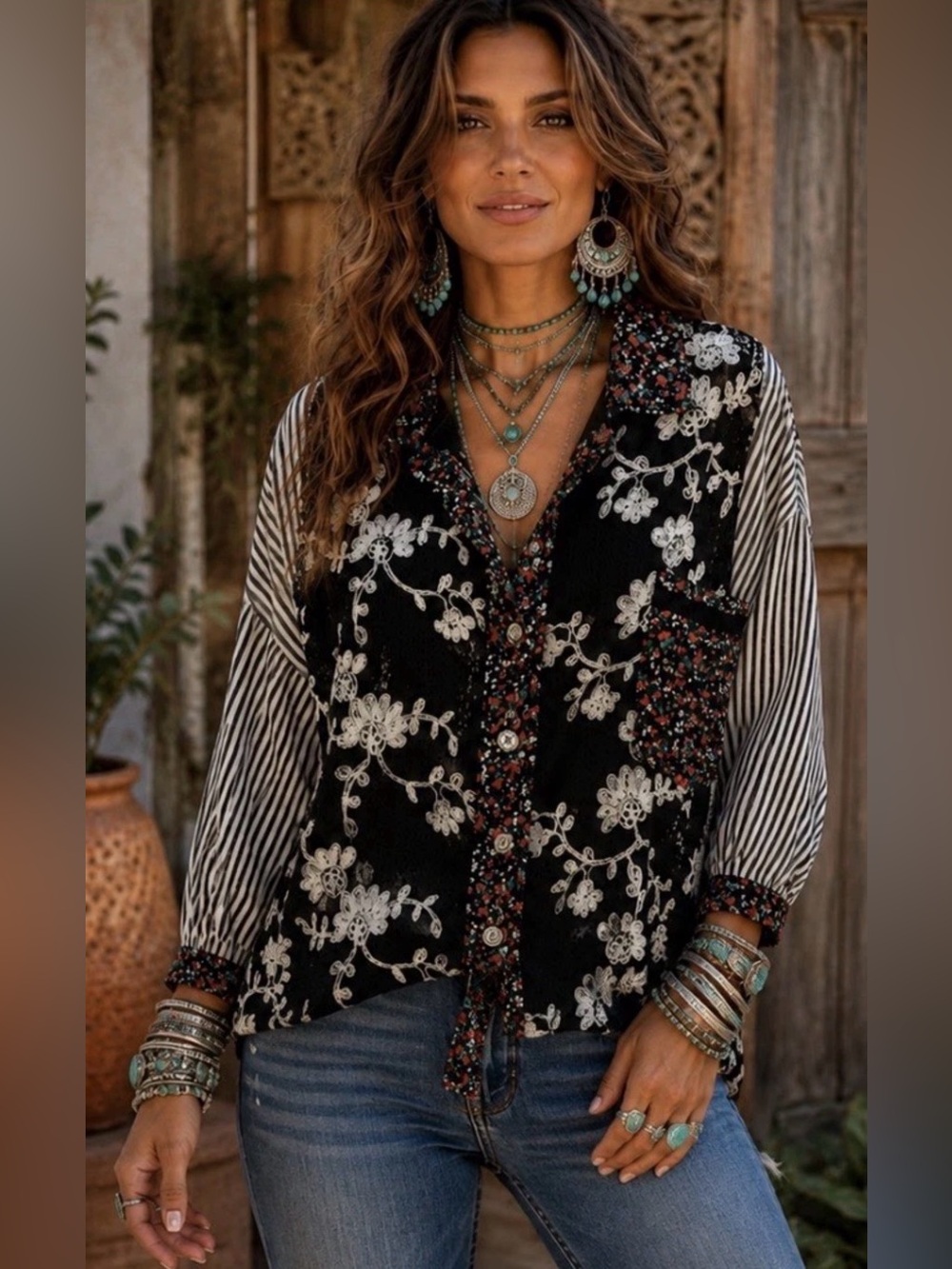 H106 New POL M ptp36 Black Floral-Print Button-Down Blouse Top Striped Sleeves